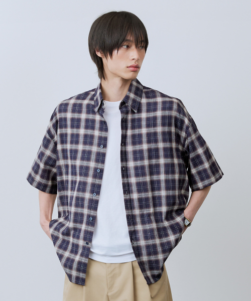 Seersucker Check Half Shirts [2409 Navy]