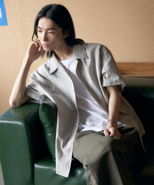 LINEN PENCIL STRIPE OPEN COLLAR HALF SHIRT [OATMEAL]