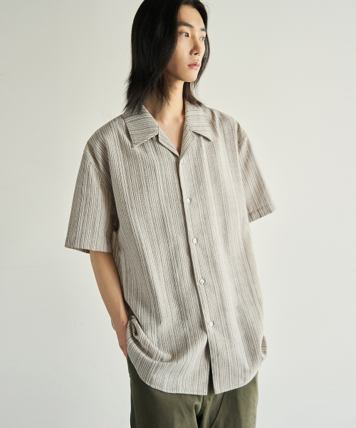 LINEN PENCIL STRIPE OPEN COLLAR HALF SHIRT [OATMEAL]