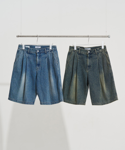 Washed Denim Two Tuck Shorts [4 Colors]
