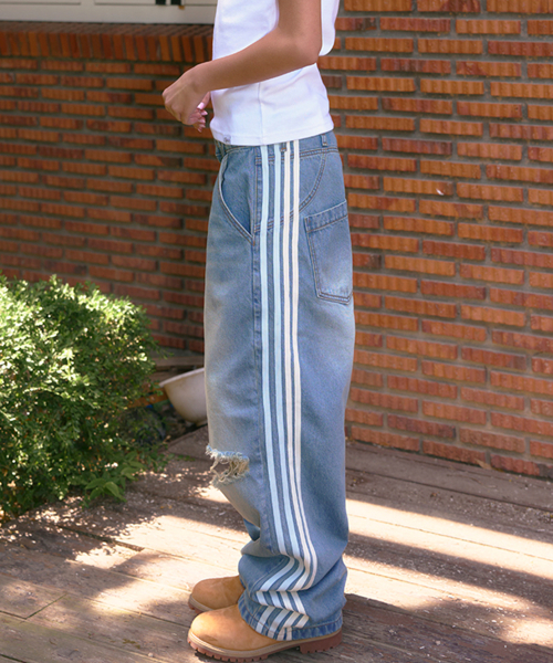 STRIPE TAPE DENIM PANTS ASH BLUE
