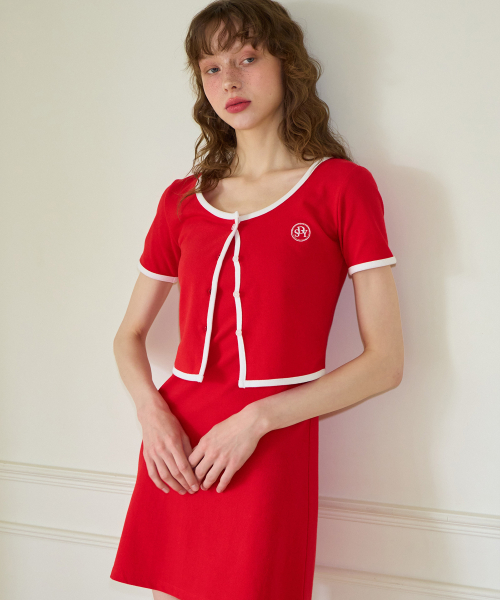 Crop Pique Cardigan_ Red