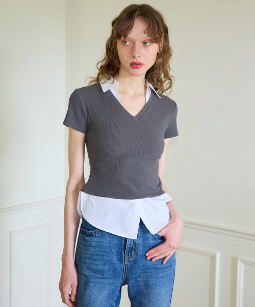 Shirt Detail V-neck Short Sleeve T_ Gray