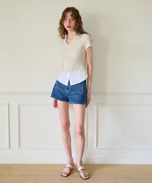 Shirt Detail V-neck Short Sleeve T_ Ivory