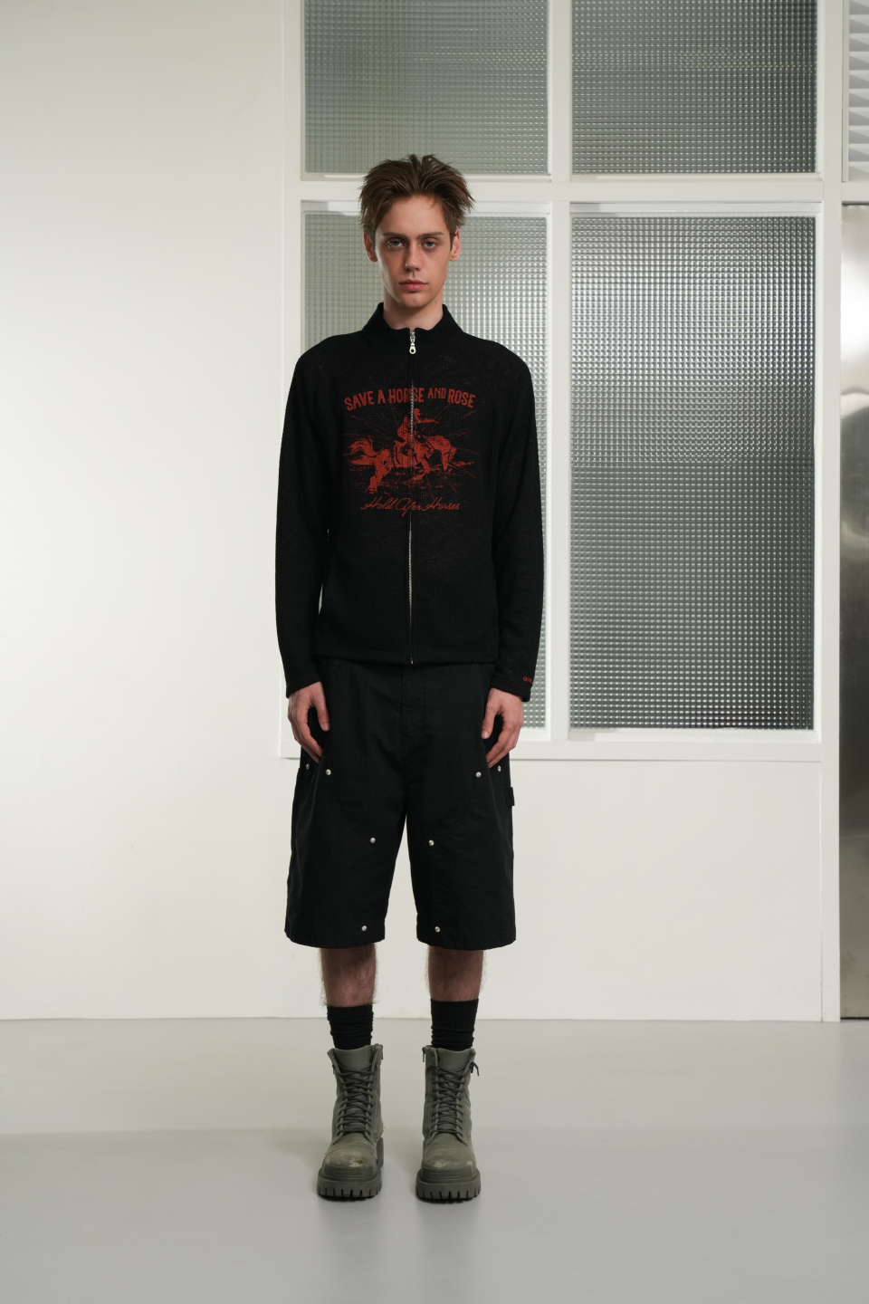 ★韓国の人気★【GRAILZ】★FORWARD HORSE KNIT ZIP UP★ 그레일즈(GRAILZ) FORWARD HORSE KNIT ZIP UP [BLACK] - 사이즈