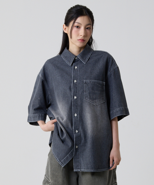 Оверсайз джинсовая рубашка с коротким рукавом вестерн-стиль Washed Black