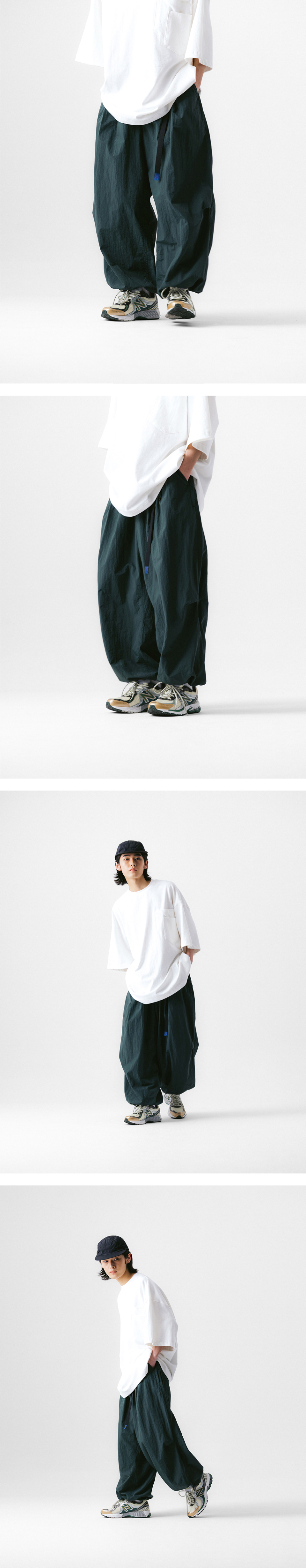 MUSINSA | ANGLAN Nylon Tuck Belt String Balloon Pants - Green