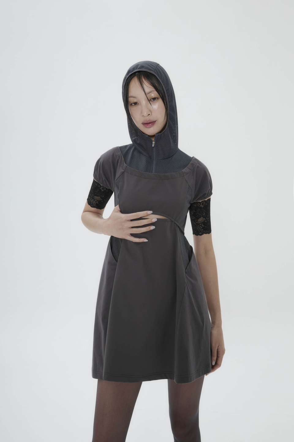 MUSINSA | OJOS Capsleeve Slit Mini Dress / Charcoal