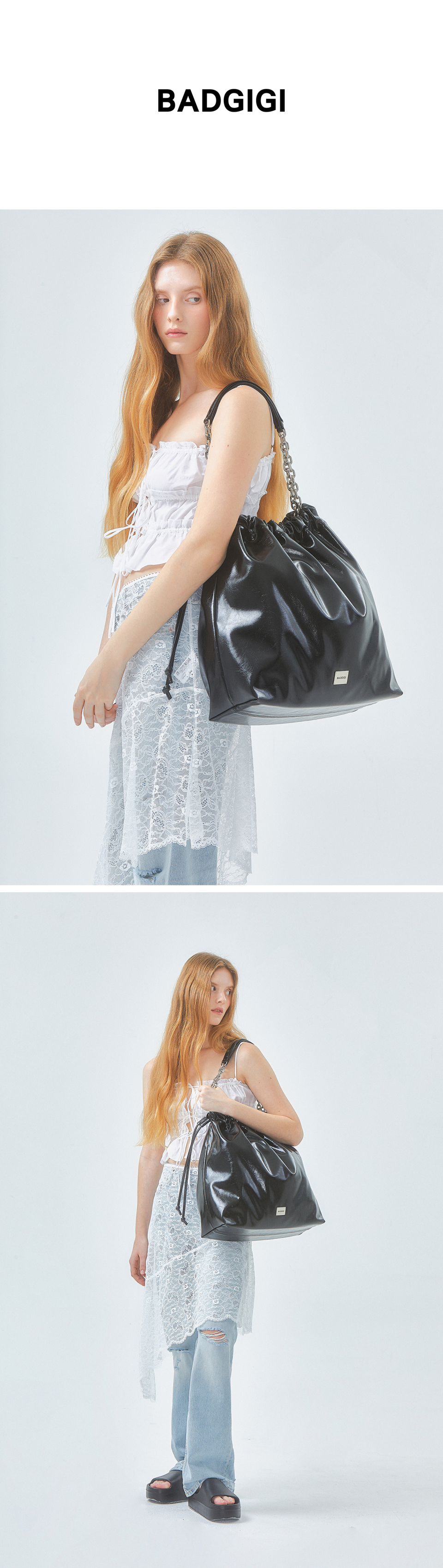 MUSINSA | BADGIGI Chain Trowstring Bag Black