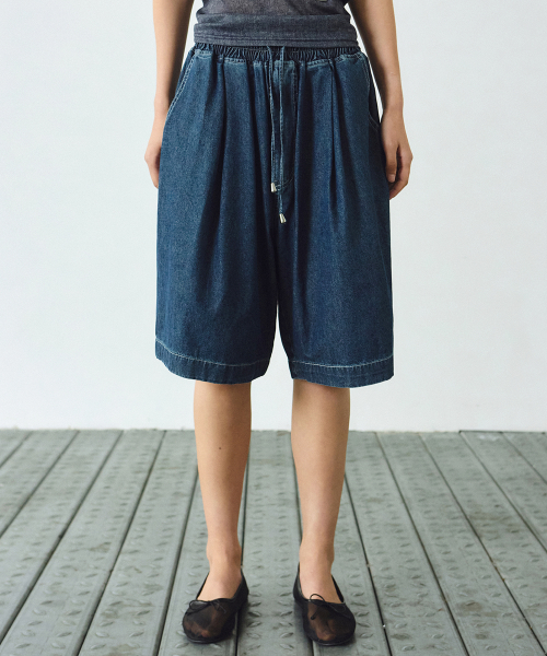 WASHED BANDING BURMUDA DENIM PANTS_BLUE