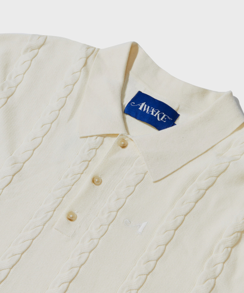 (M) вязаное поло косами CABLE KNIT POLO IVORY