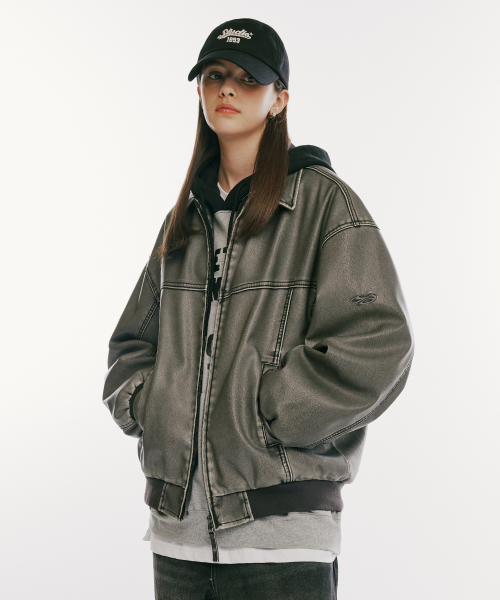 Кожаный бомбер с эффектом потертости_Dusty Gray