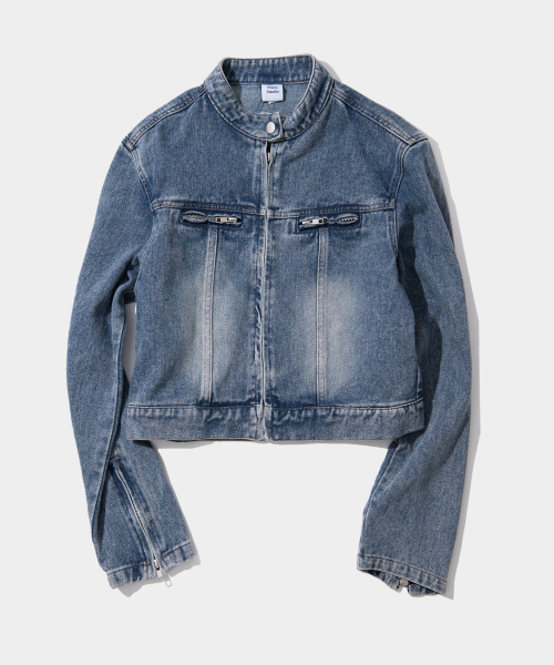 Байкерская куртка из стираного денима в стиле винтаж, укороченная [Denim Blue]