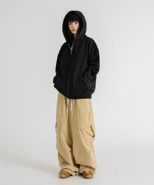 2WAY OVERFIT SWEAT HOOD ZIP-UP [BLACK]