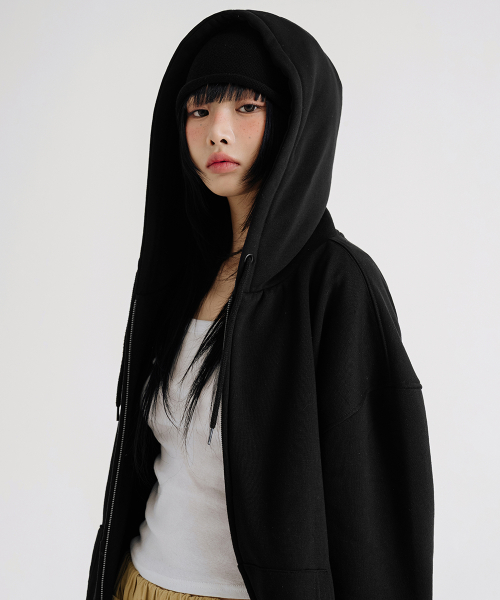 2WAY OVERFIT SWEAT HOOD ZIP-UP [BLACK]