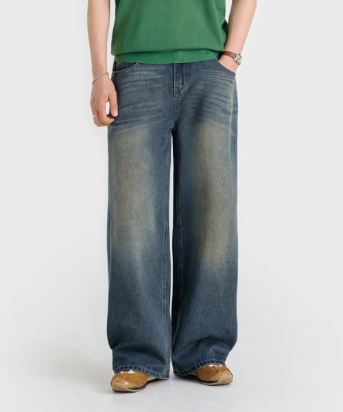 VINTAGE CAT WASHING WIDE DENIM PANTS [SAND BLUE]