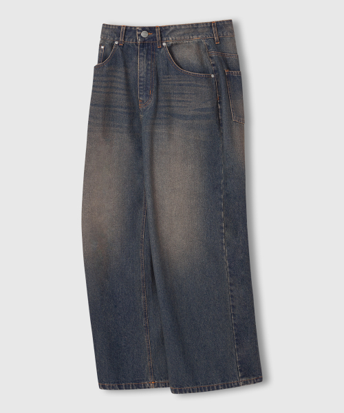 VINTAGE CAT WASHING WIDE DENIM PANTS [YELLOW WASHING]