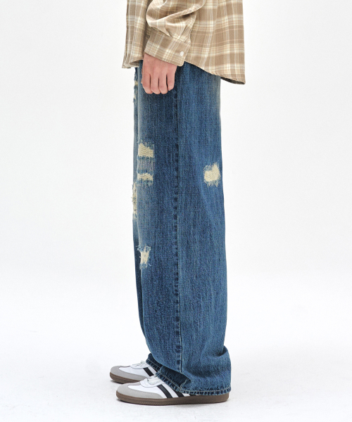 Patched Damage Wide Jeans DCPT047СинийB