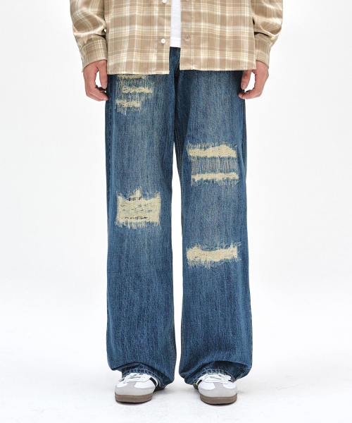 Patched Damage Wide Jeans DCPT047СинийB