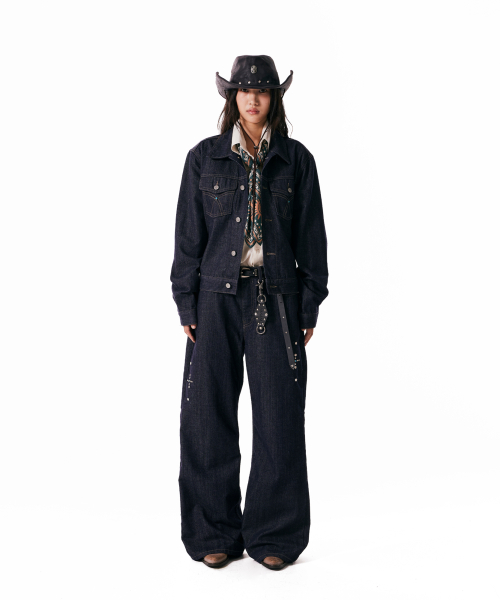 Western Studded Denim Jacket (Dark Blue)