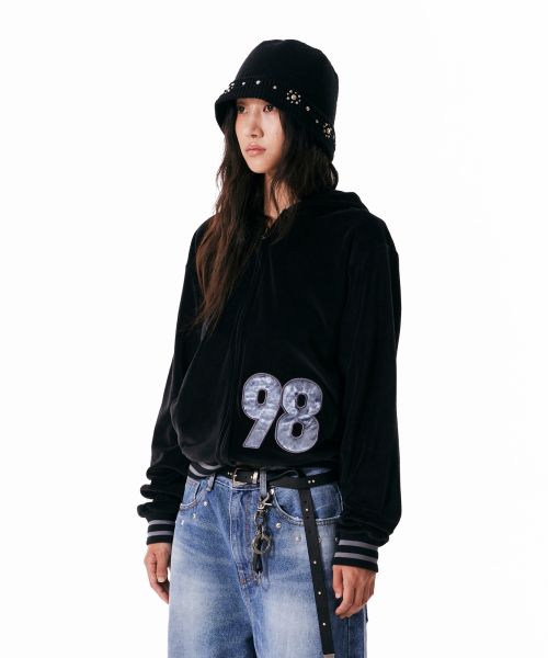 98 Patch Velour Zip-Up Hoodie (Black)