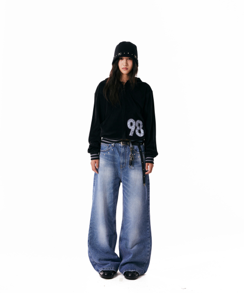98 Patch Velour Zip-Up Hoodie (Black)