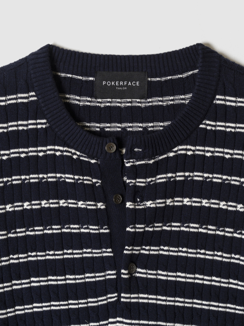 CABLE STRIPE HENLEY NECK KNIT NAVY
