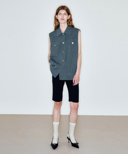 WASHED LINEN BLEND VEST_GREEN