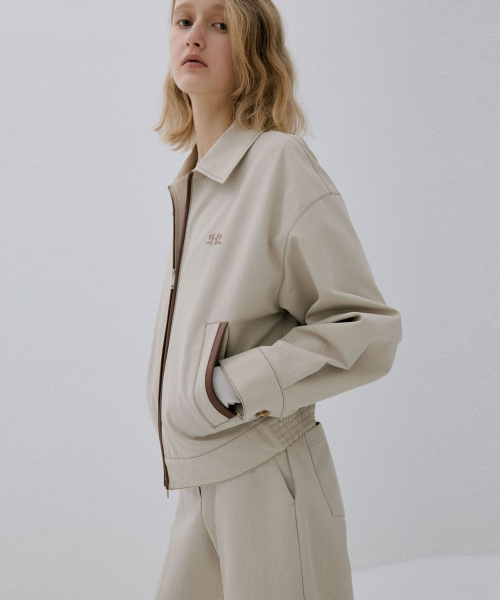 LEATHER BLOCK BLOUSON JUMPER_BEIGE