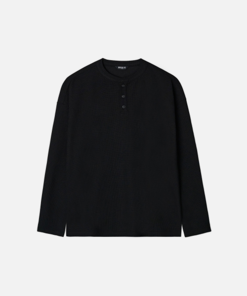 COTTON WAFFLE HELYNECK LONG SLEEVE T-SHIRT [BLACK]