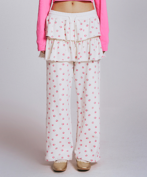 FLOWER PATTERN LAYERD SKIRT PANTS WHITE