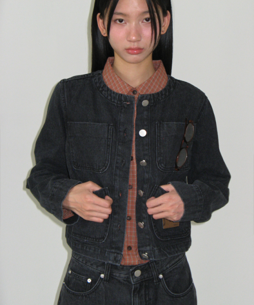 NON COLLAR POCKET DENIM JACKET BLACK