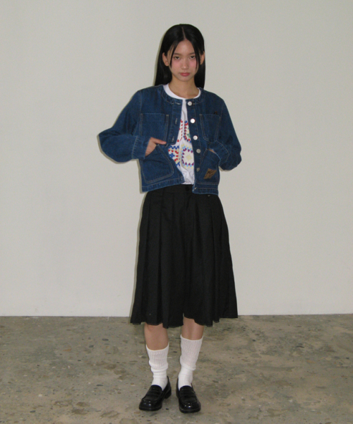 NON COLLAR POCKET DENIM JACKET DARK BLUE