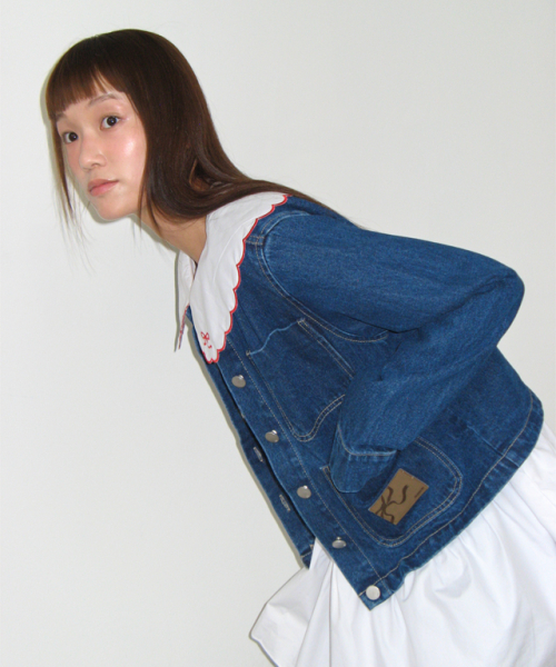 NON COLLAR POCKET DENIM JACKET DARK BLUE