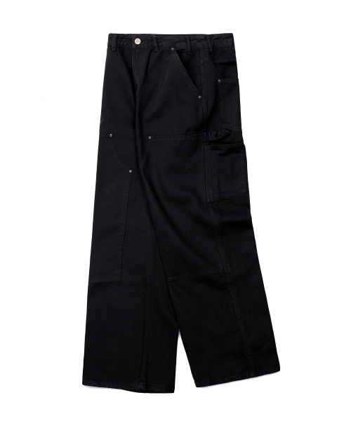 двойнойколено одежда окрашенный брюки (WASHED BLACK)