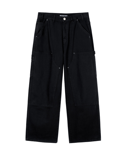 двойнойколено одежда окрашенный брюки (WASHED BLACK)