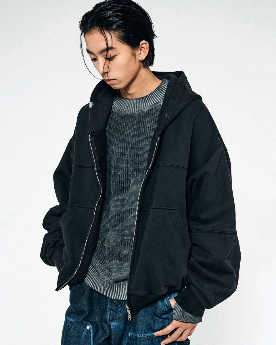OVERDYED N.F HOODED ZIP-UP - WASHED BLACK - nomanual
