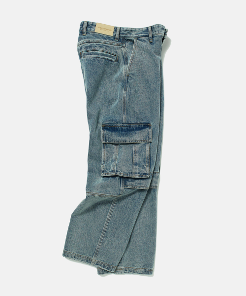 Cargo Wide Denim Pants (WASHED BLUE)