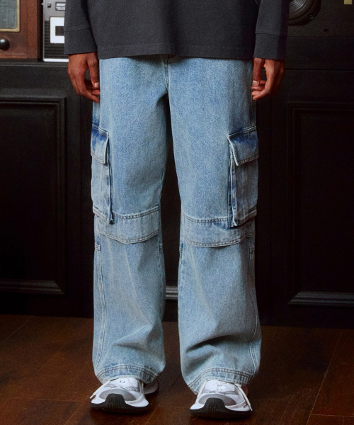 Cargo Wide Denim Pants (WASHED BLUE)