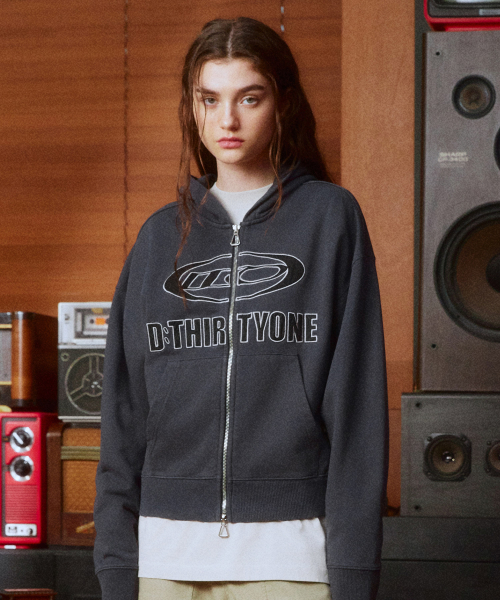 DTO Applique Pigment Zip Hoodie (CHARCOAL GREY)