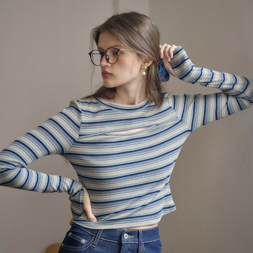 SR_Cut out striped long sleeve slim top