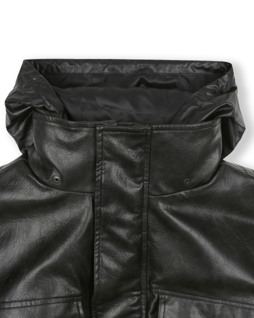 BIG POCKET HOODED LEATHER JUMPER BLACK