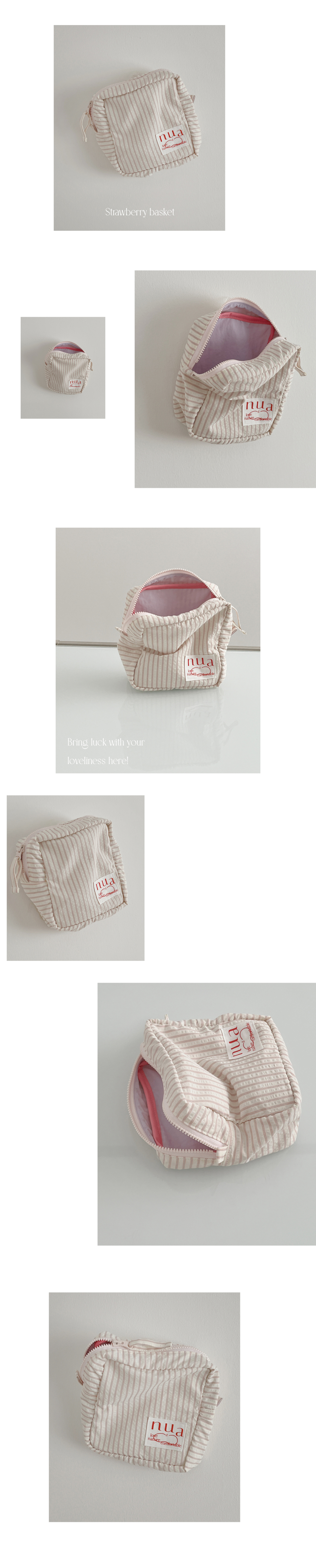 넉넉한 보부상 파우치입니다. 사각형라인이 깔끔하며 줄무늬 원단이 사랑스러운 은은한 핑크빛입니다.