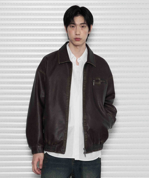 LEATHERY レザーオーバーフィットブルゾンジャケット [WASHED BLACK] 画像 6