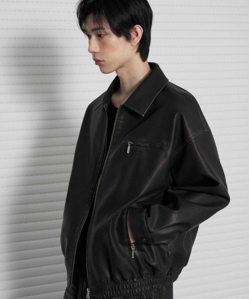 Оверсайз куртка-блузон из вареной кожи [WASHED BLACK]