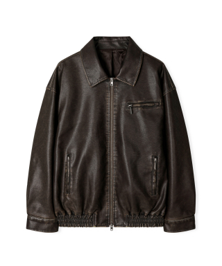 LEATHERY レザーオーバーフィットブルゾンジャケット [WASHED BLACK] 画像 5
