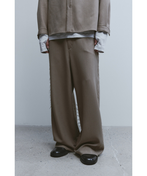 Triple Stitch Wide Trousers - Beige Herringborn