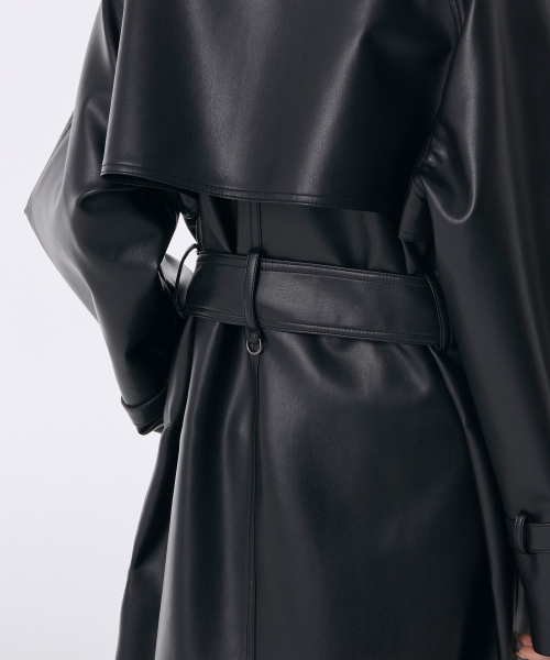 Womens Synthetic Leather Trench Coat [Black] thumbnail 6