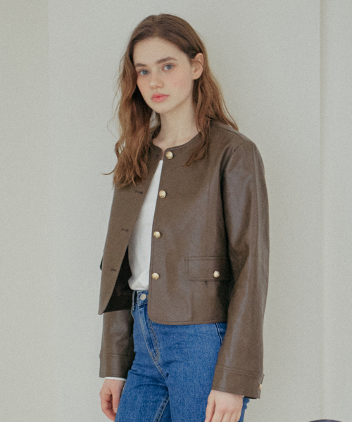 ROUND LEATHER JACKET_BROWN
