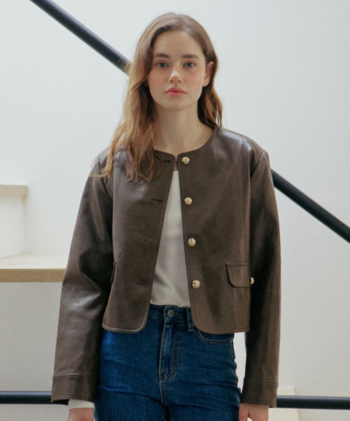 ROUND LEATHER JACKET_BROWN